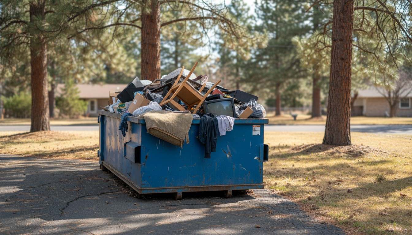 A roll-off dumpster positioned on a Spokane driveway during a home project