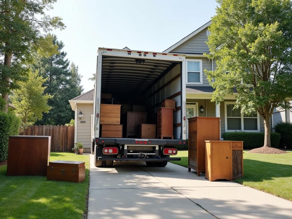 A junk removal truck being loaded with furniture and household items in Spokane
