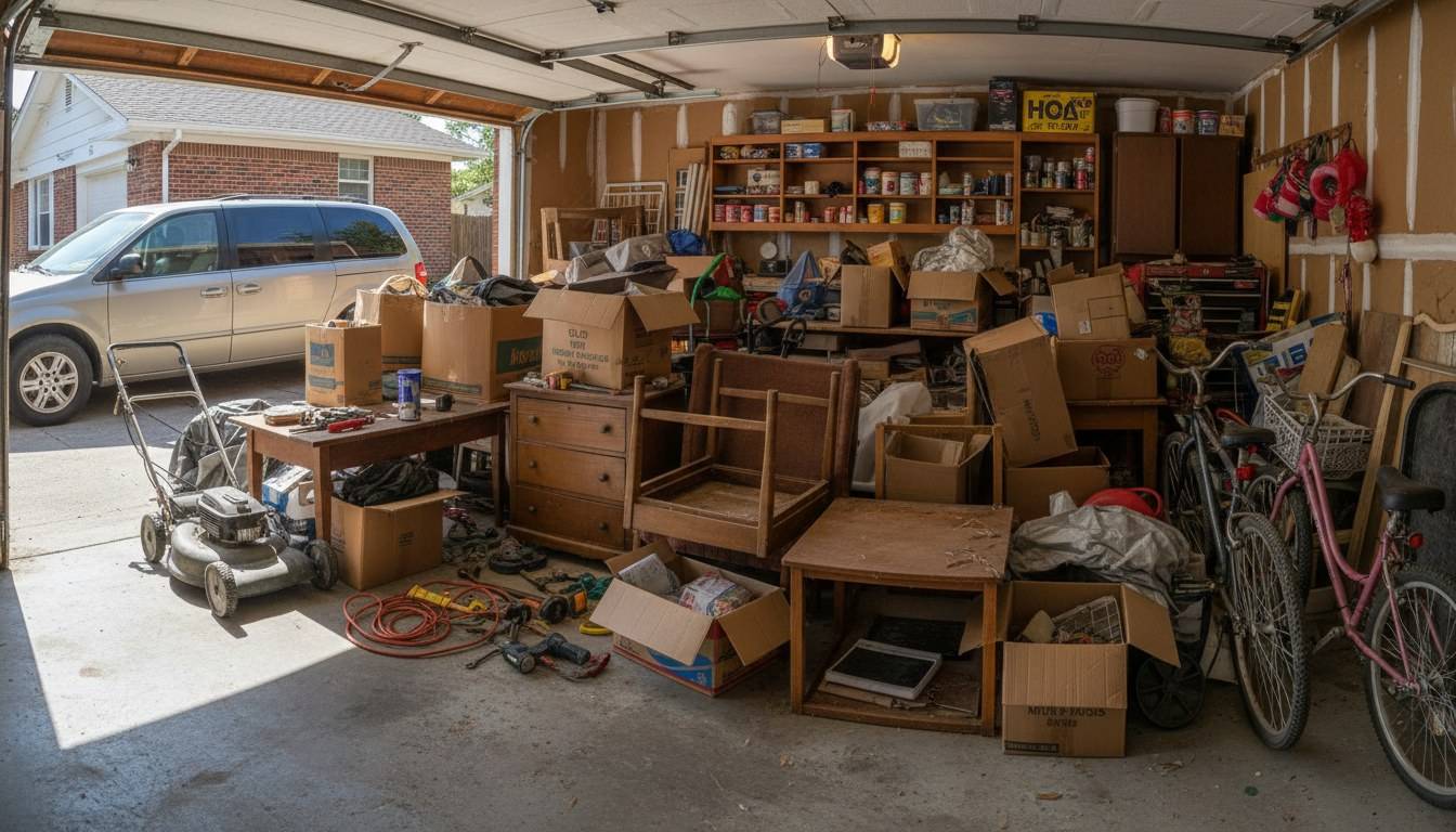 Residential garage cleanout with furniture and boxes